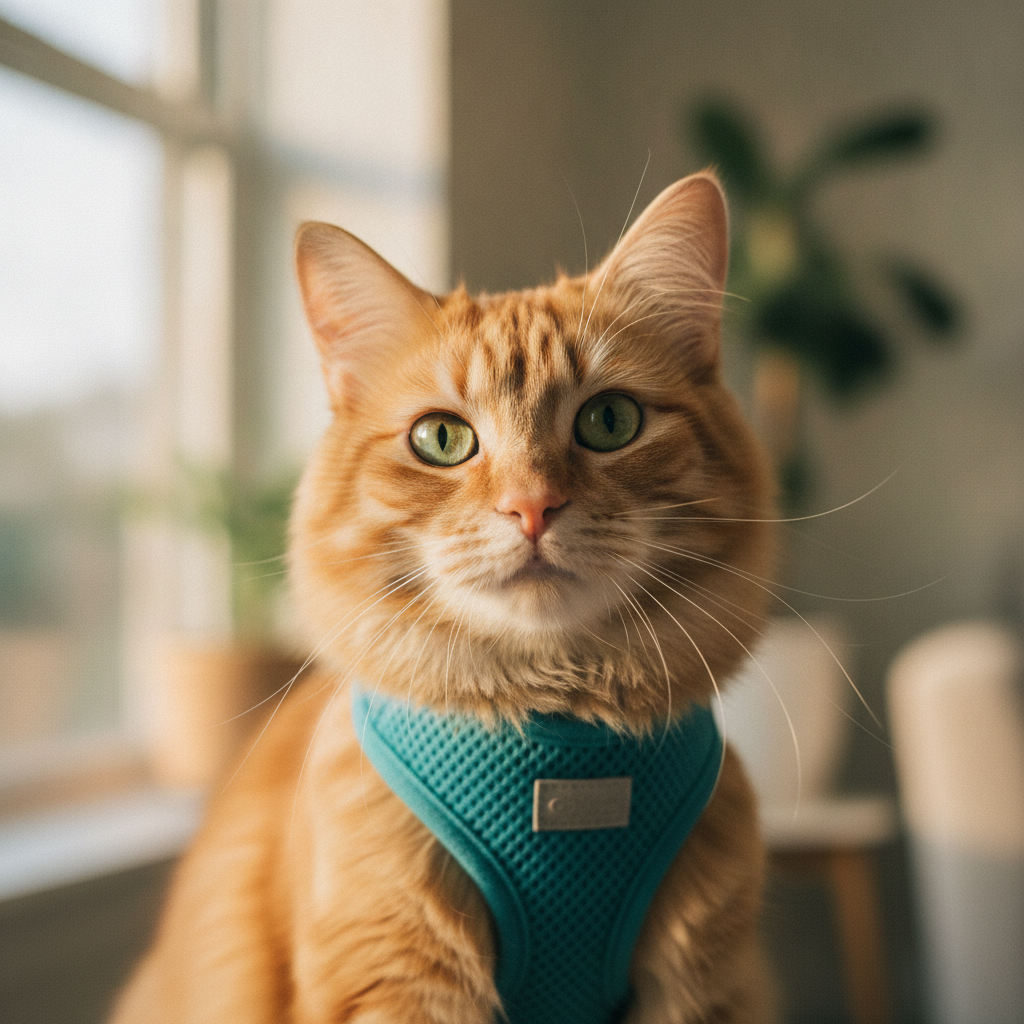 cat wearing harness