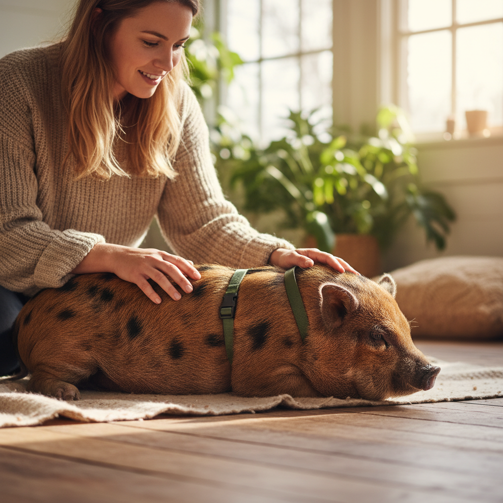 woman sitting in front of pig
