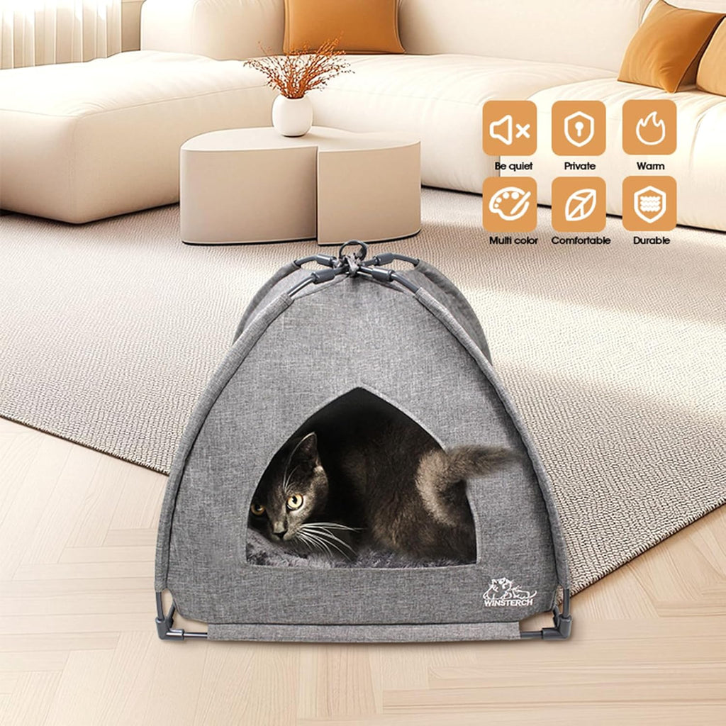 Cat Bed Cave for Indoor Cats, Small Pet Tent Cave for Cats, Kittens, and Small Dogs, Warming Cat House with Removable Washable Cushion (18.5'‘ X 18.5’' X 15.8'', Grey)