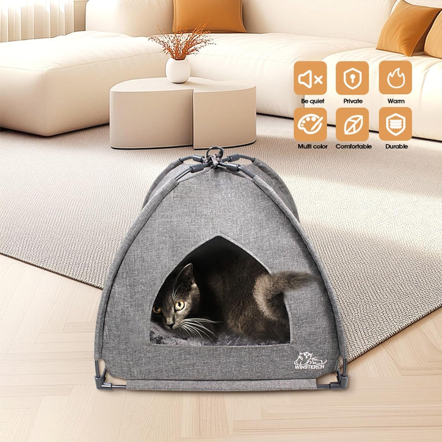 Cat Bed Cave for Indoor Cats, Small Pet Tent Cave for Cats, Kittens, and Small Dogs, Warming Cat House with Removable Washable Cushion (18.5'‘ X 18.5’' X 15.8'', Grey)