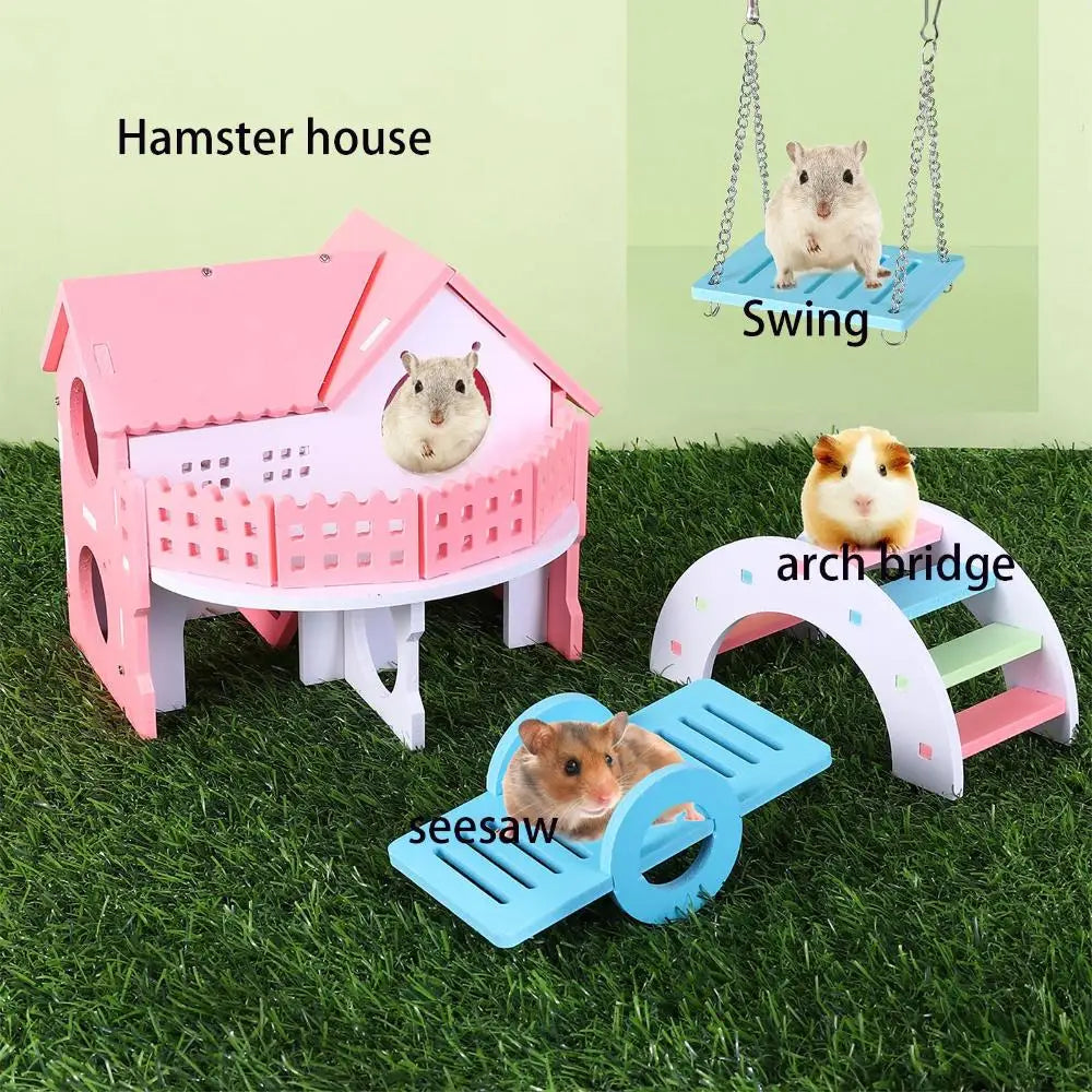 1 Pieces Hamster Toys Set Include Wooden Hamster House, Rainbow Bridge, Hamster Seesaw Toy Chew Corn