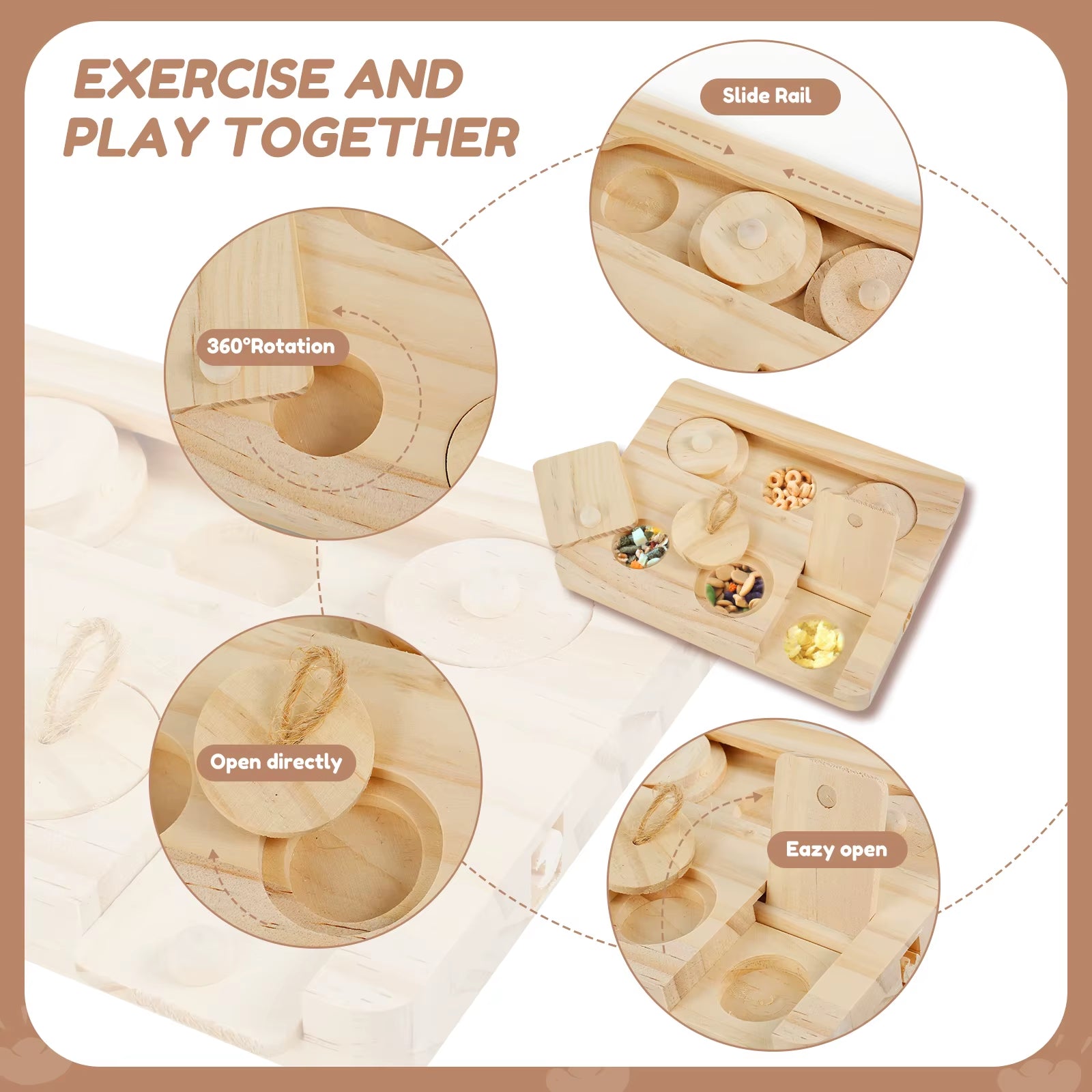 Wooden Guinea Pig Foraging Toy Treat Dispenser Toy with 6 Food Holes Interactive Hamsters Foraging Toy Pet Accessory for Rabbits