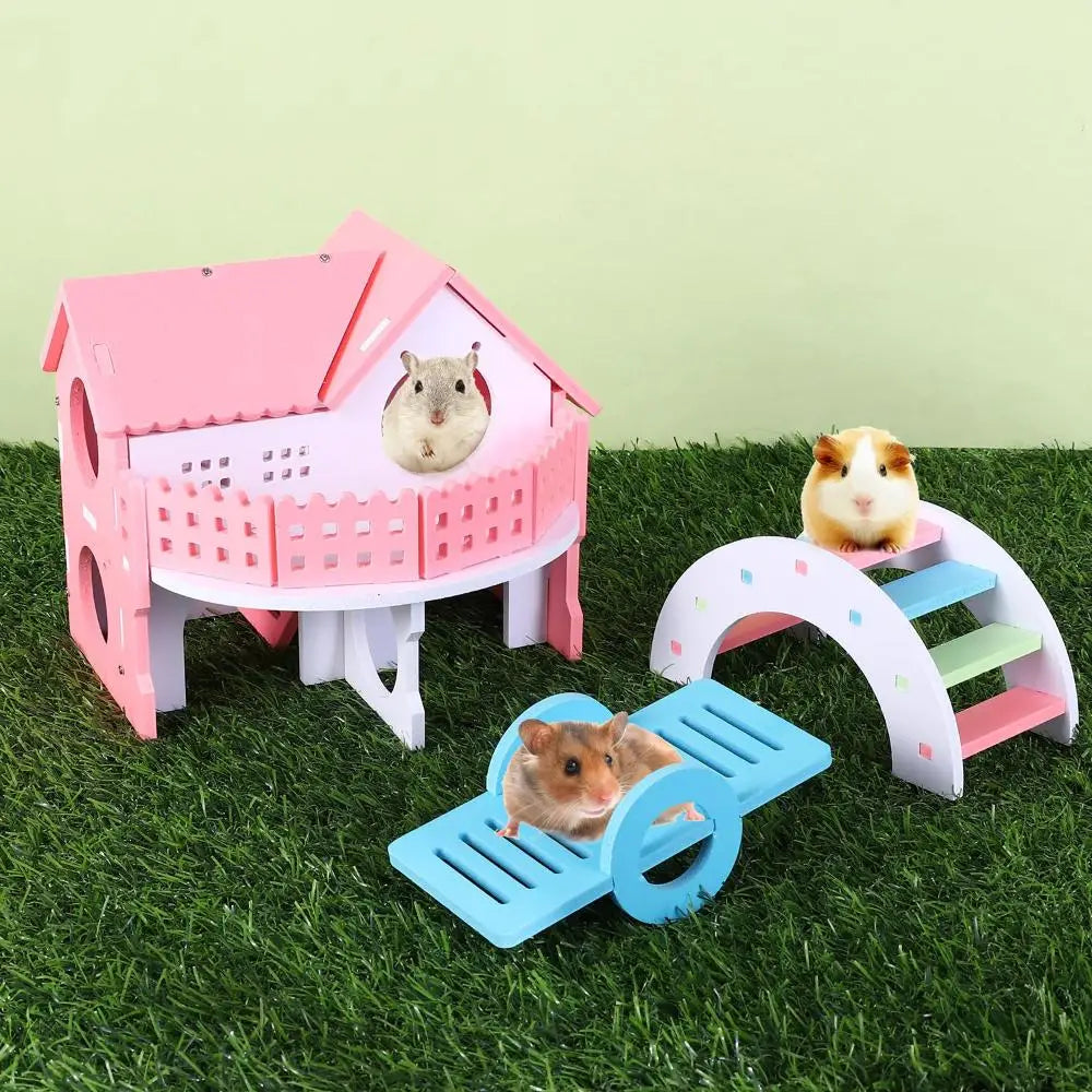 1 Pieces Hamster Toys Set Include Wooden Hamster House, Rainbow Bridge, Hamster Seesaw Toy Chew Corn