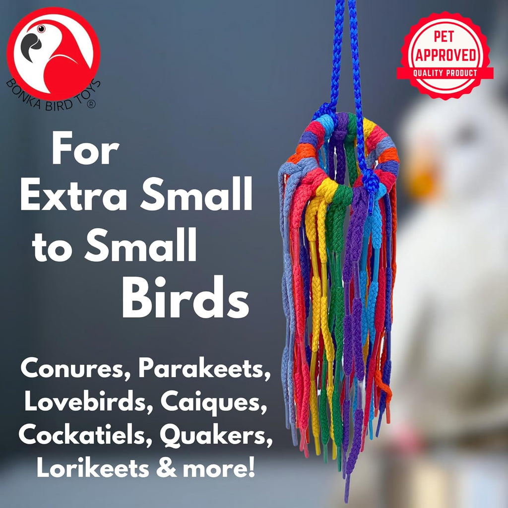 51214 Small Aglet Heaven Cotton Shoelace Toy with Plastic Aglets and 2" Ring for Parakeets Cockatiels Quakers Pionus Small Bird Enrichment