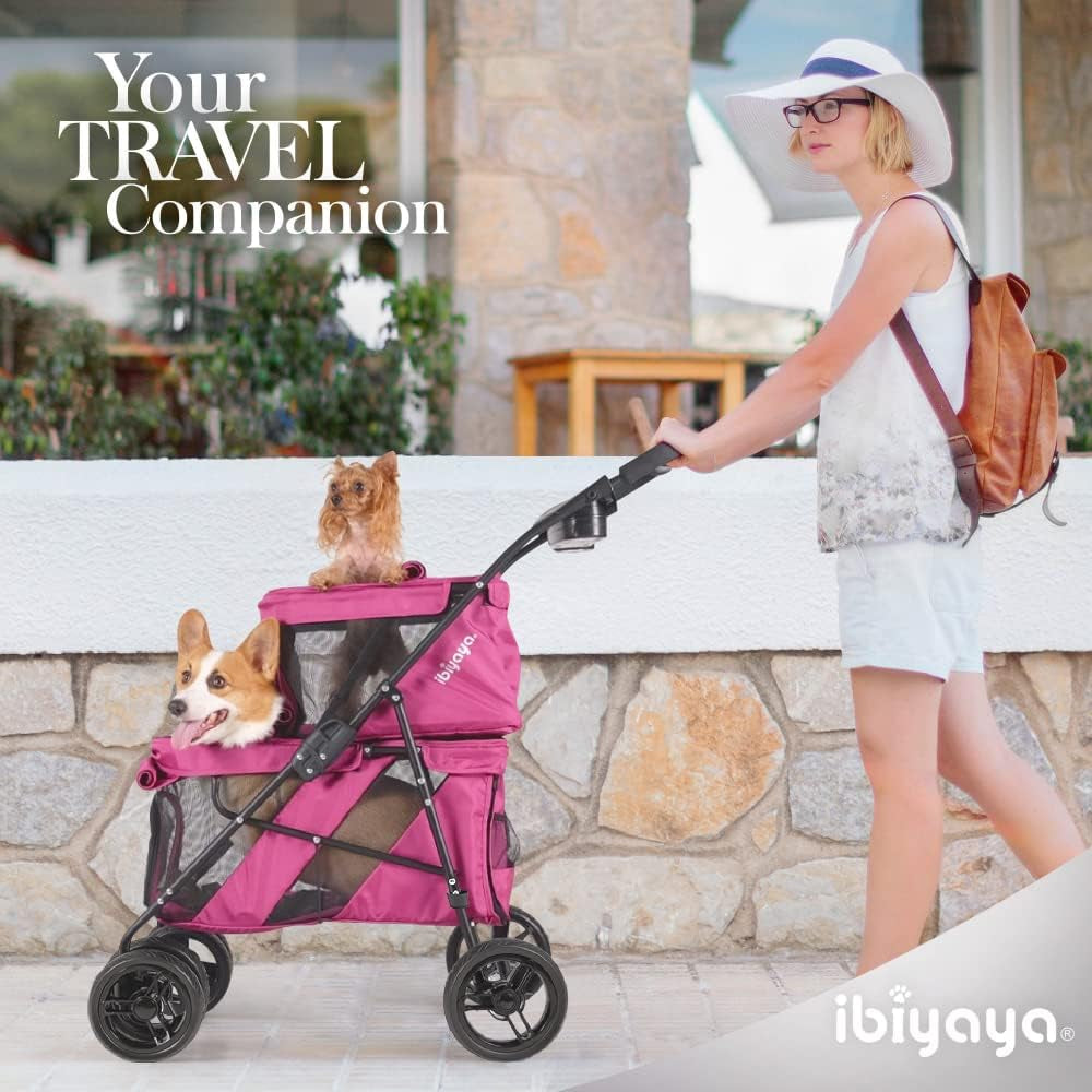 '- Double Dog Stroller for Small Dogs and Medium Dogs and Cats - Double Pet Stroller, Lightweight and Foldable with Mesh Windows, Extra Space for Second Pet or Storage - Pink