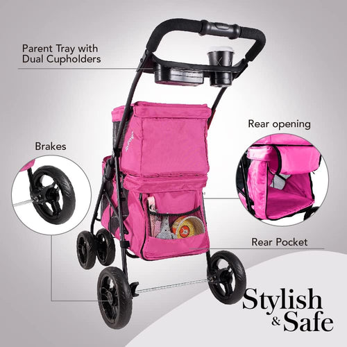 '- Double Dog Stroller for Small Dogs and Medium Dogs and Cats - Double Pet Stroller, Lightweight and Foldable with Mesh Windows, Extra Space for Second Pet or Storage - Pink