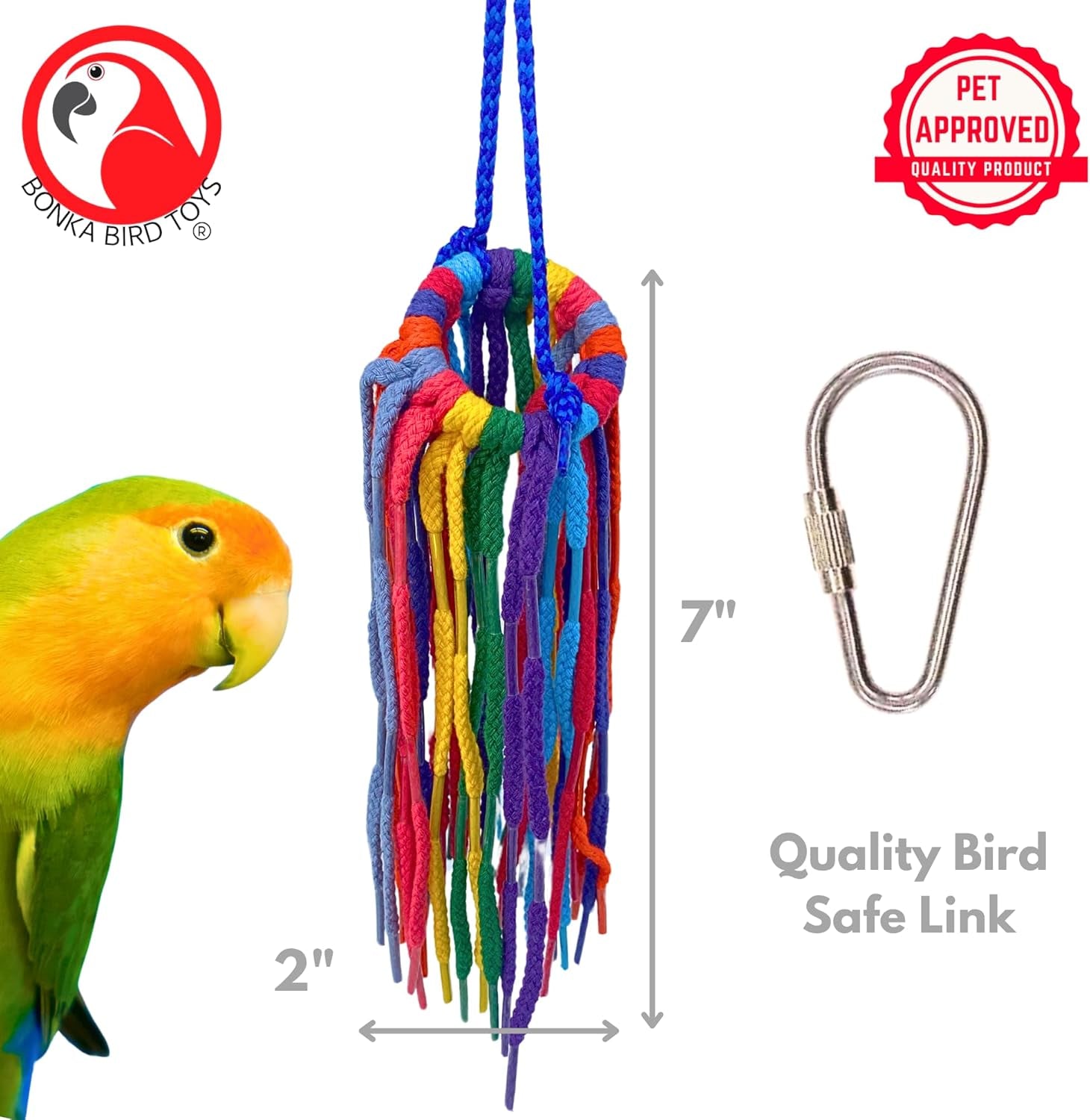 51214 Small Aglet Heaven Cotton Shoelace Toy with Plastic Aglets and 2" Ring for Parakeets Cockatiels Quakers Pionus Small Bird Enrichment