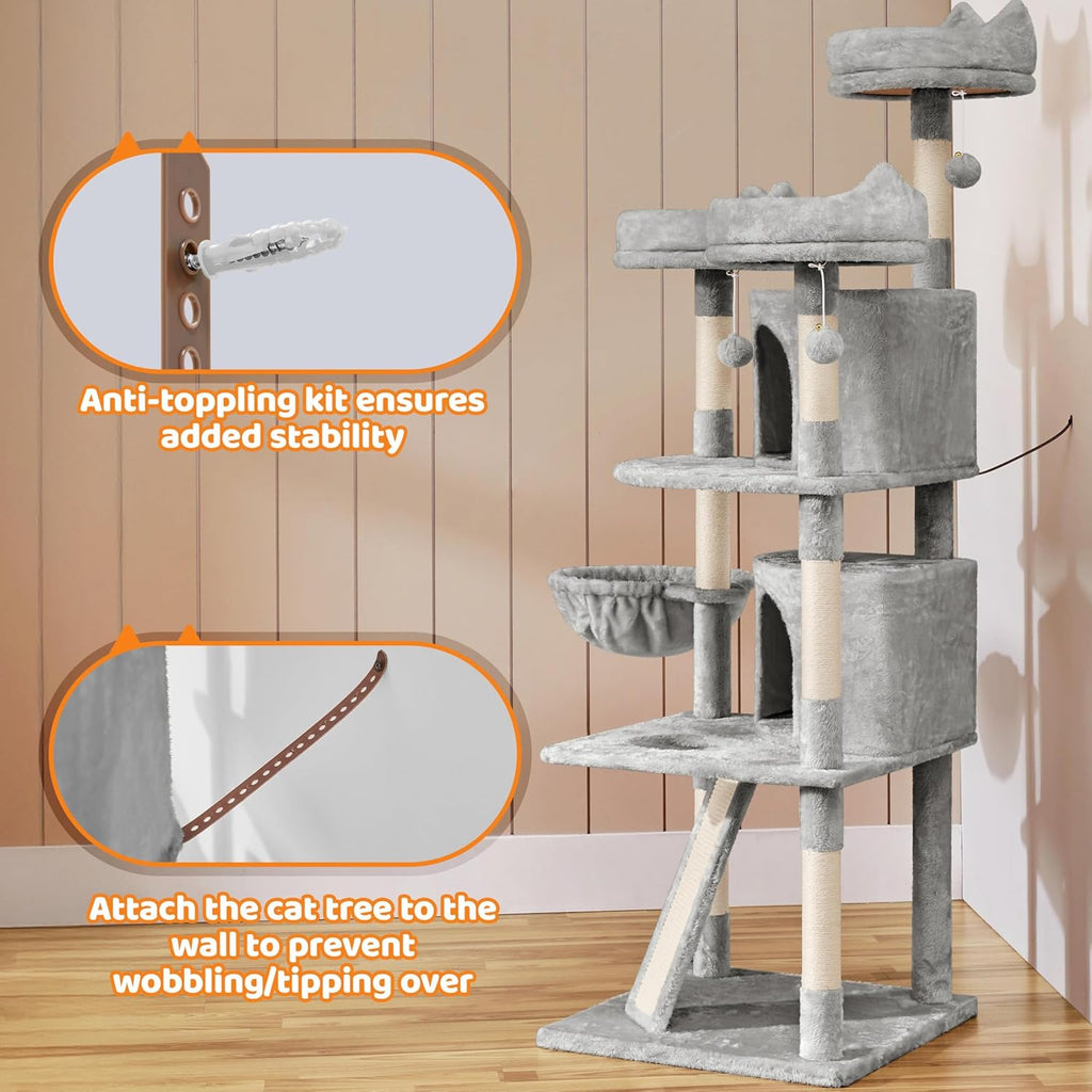 | 68.5In Cat Tree | for Large Cats | Multi-Level Cat Tower with 3 Wide Perches, Large Condo | Stable Pet Play House W/Sisal-Covered Scratching Posts & Board | Light Gray