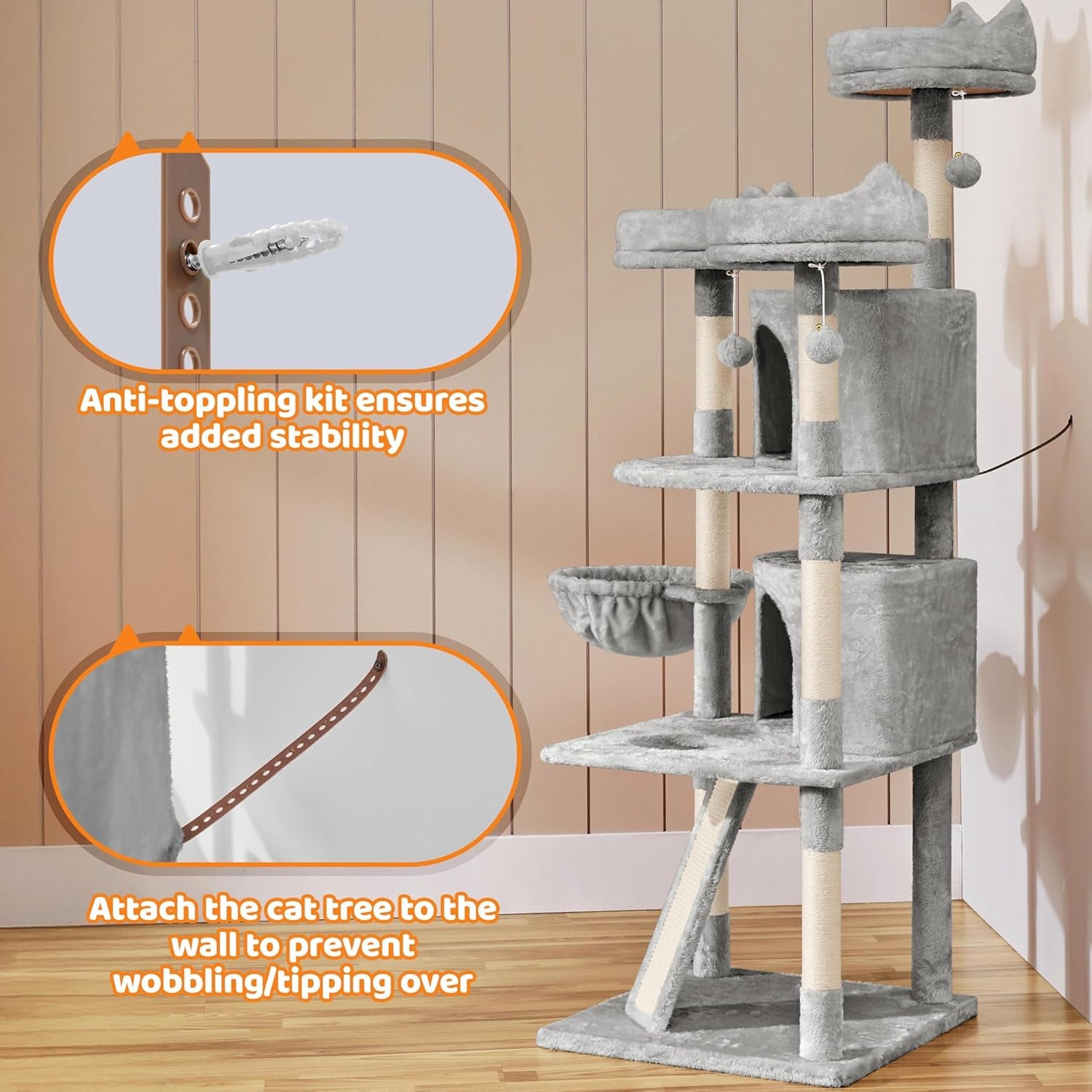 | 68.5In Cat Tree | for Large Cats | Multi-Level Cat Tower with 3 Wide Perches, Large Condo | Stable Pet Play House W/Sisal-Covered Scratching Posts & Board | Light Gray