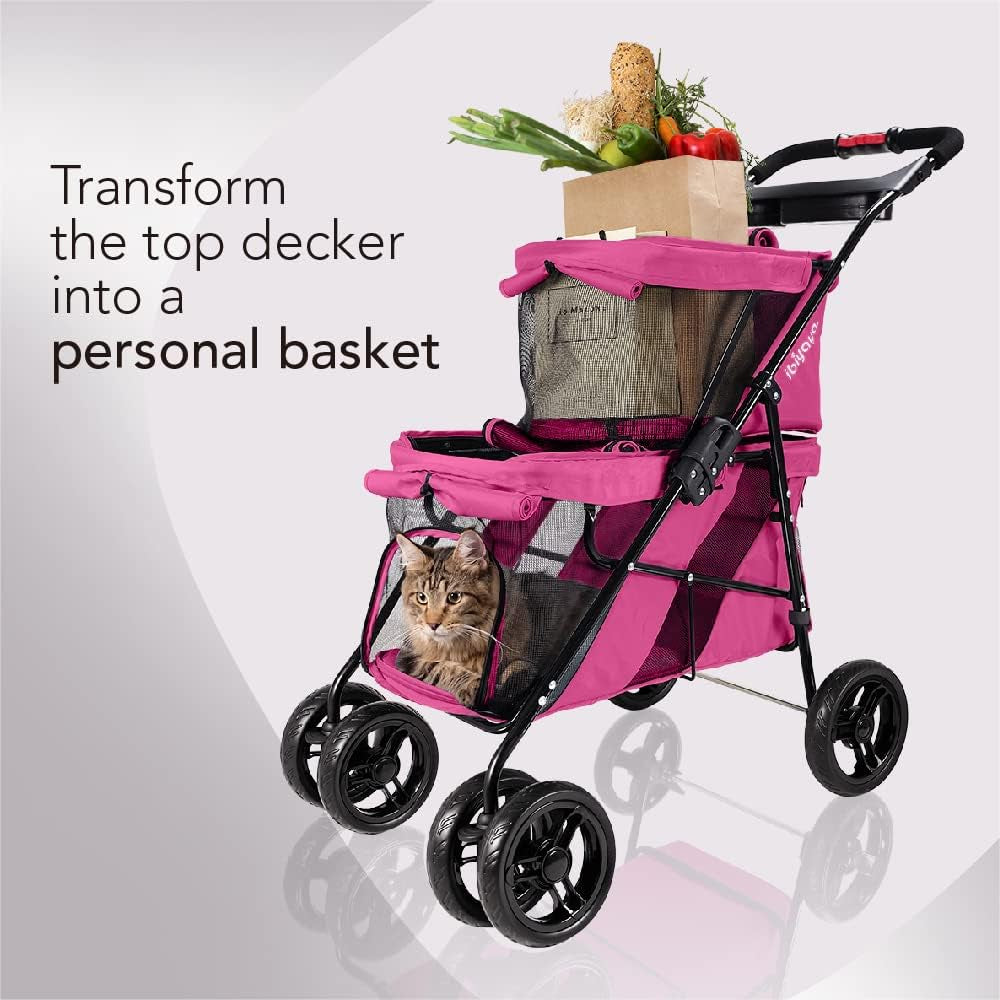 '- Double Dog Stroller for Small Dogs and Medium Dogs and Cats - Double Pet Stroller, Lightweight and Foldable with Mesh Windows, Extra Space for Second Pet or Storage - Pink