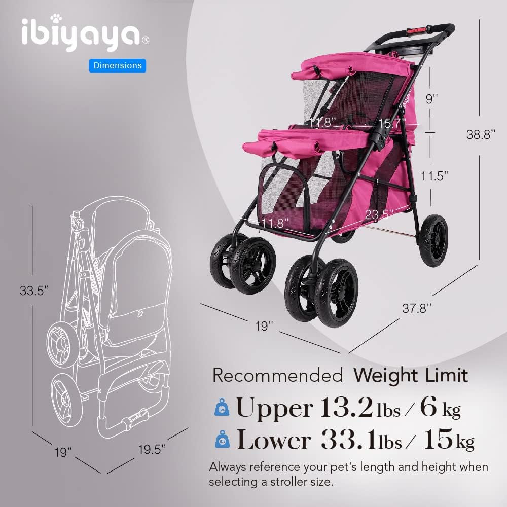 '- Double Dog Stroller for Small Dogs and Medium Dogs and Cats - Double Pet Stroller, Lightweight and Foldable with Mesh Windows, Extra Space for Second Pet or Storage - Pink
