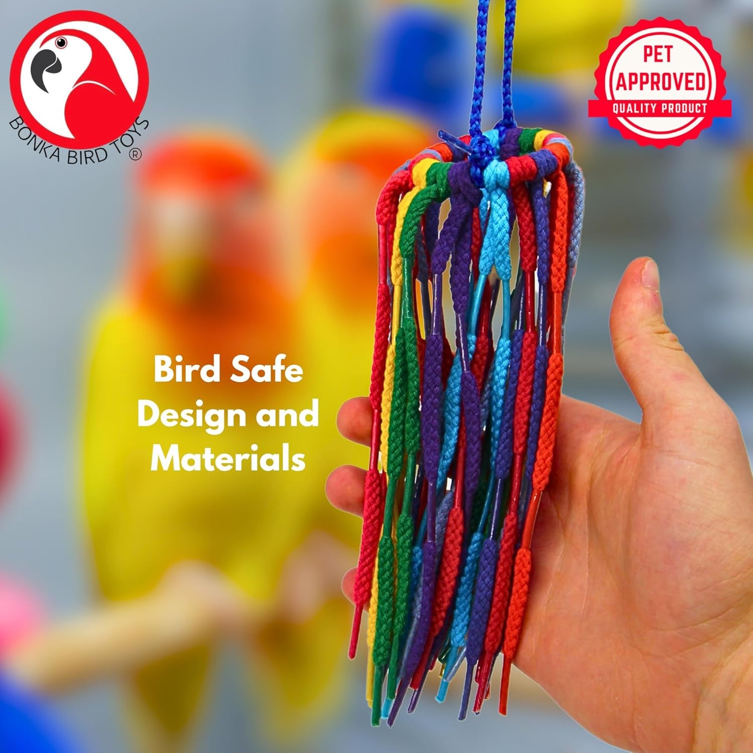 51214 Small Aglet Heaven Cotton Shoelace Toy with Plastic Aglets and 2" Ring for Parakeets Cockatiels Quakers Pionus Small Bird Enrichment