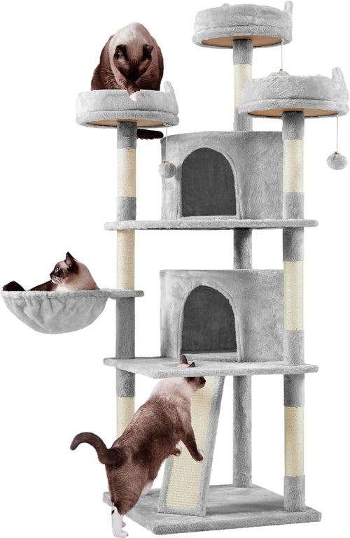 | 68.5In Cat Tree | for Large Cats | Multi-Level Cat Tower with 3 Wide Perches, Large Condo | Stable Pet Play House W/Sisal-Covered Scratching Posts & Board | Light Gray