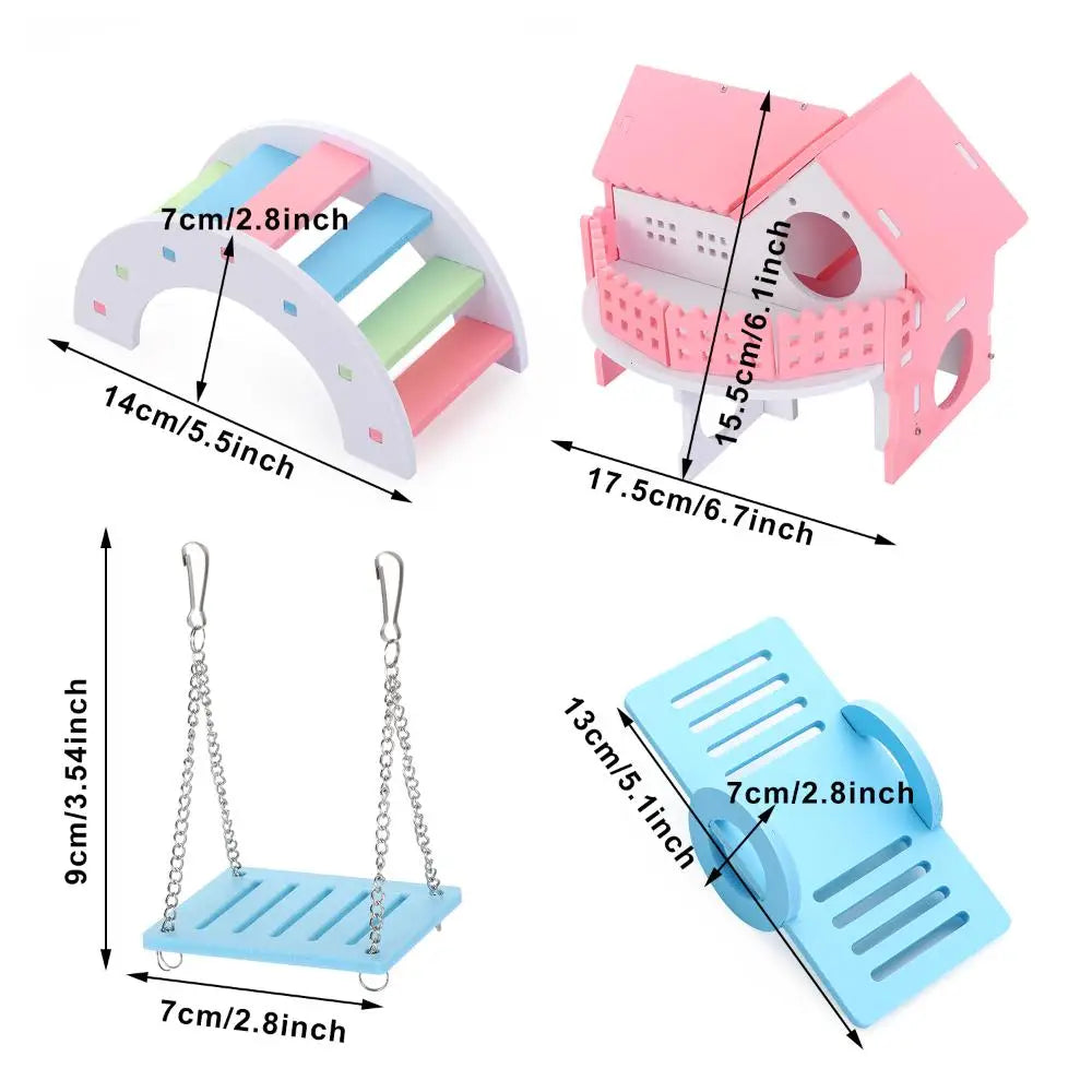 1 Pieces Hamster Toys Set Include Wooden Hamster House, Rainbow Bridge, Hamster Seesaw Toy Chew Corn