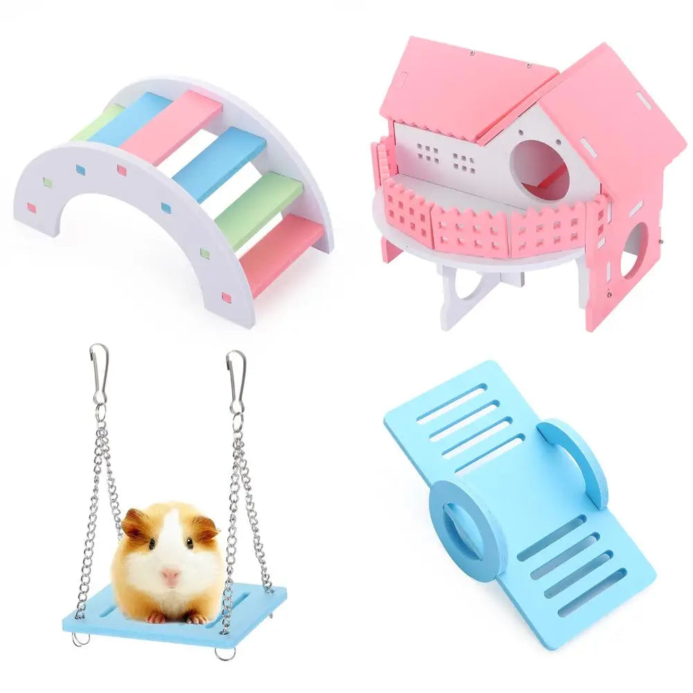 1 Pieces Hamster Toys Set Include Wooden Hamster House, Rainbow Bridge, Hamster Seesaw Toy Chew Corn