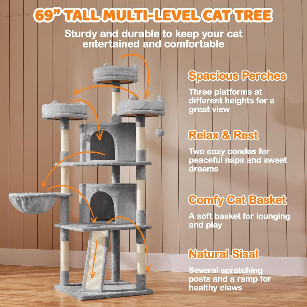 | 68.5In Cat Tree | for Large Cats | Multi-Level Cat Tower with 3 Wide Perches, Large Condo | Stable Pet Play House W/Sisal-Covered Scratching Posts & Board | Light Gray