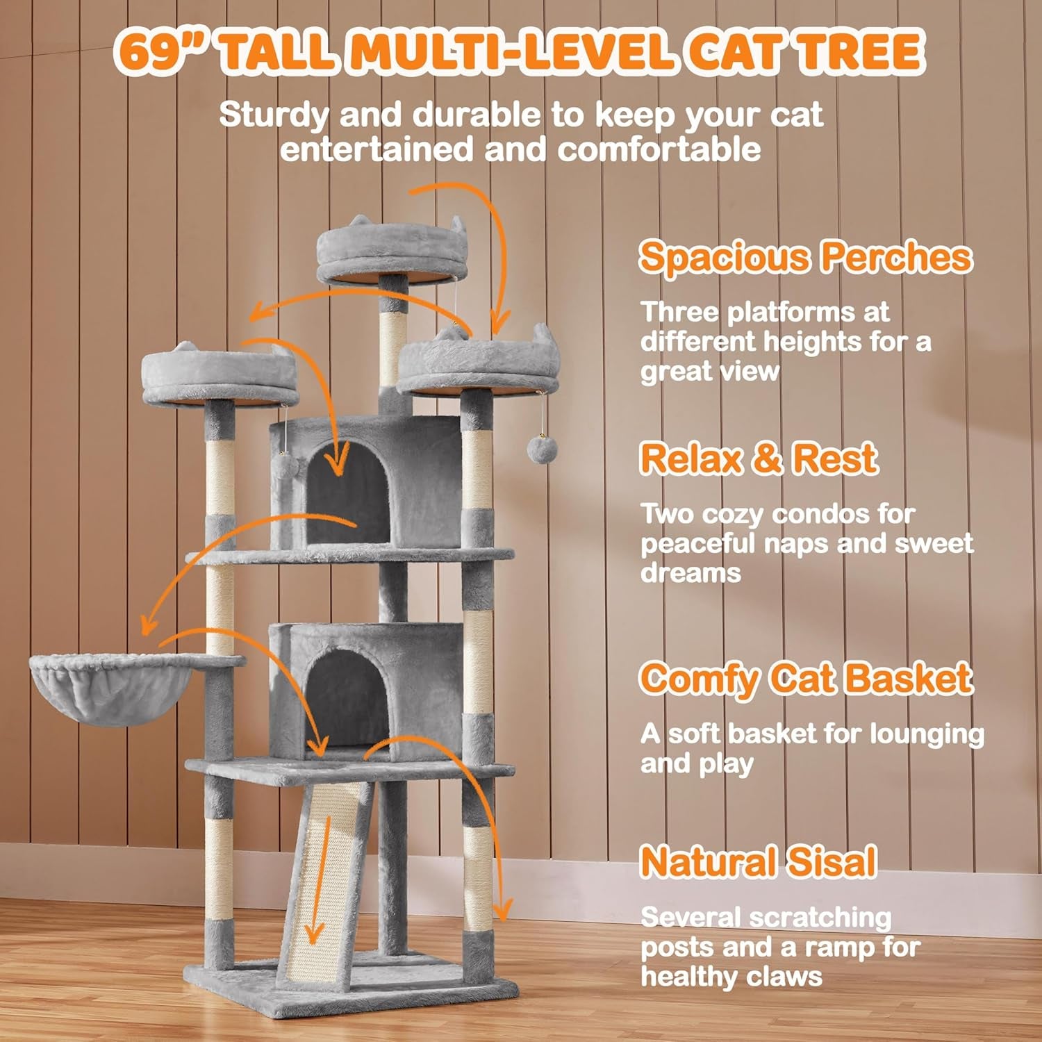 | 68.5In Cat Tree | for Large Cats | Multi-Level Cat Tower with 3 Wide Perches, Large Condo | Stable Pet Play House W/Sisal-Covered Scratching Posts & Board | Light Gray