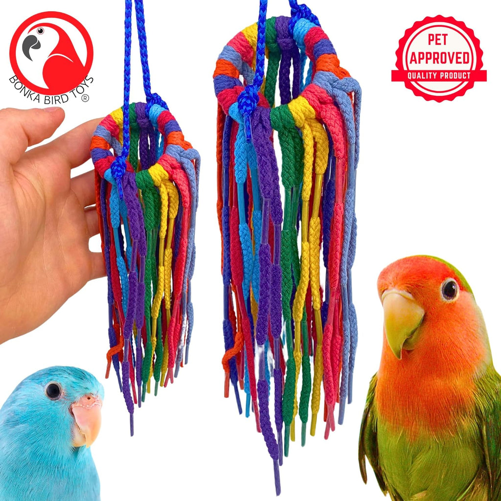 51214 Small Aglet Heaven Cotton Shoelace Toy with Plastic Aglets and 2" Ring for Parakeets Cockatiels Quakers Pionus Small Bird Enrichment