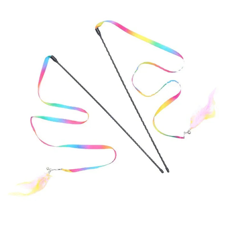 Simulation Feather Interactive Cat Toy Satin Ribbon Bell Cat Stick Toys Kitten Playing Teaser Wand Toy Cat Supplies Accessories