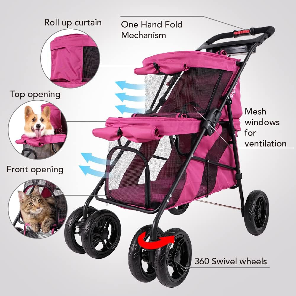 '- Double Dog Stroller for Small Dogs and Medium Dogs and Cats - Double Pet Stroller, Lightweight and Foldable with Mesh Windows, Extra Space for Second Pet or Storage - Pink