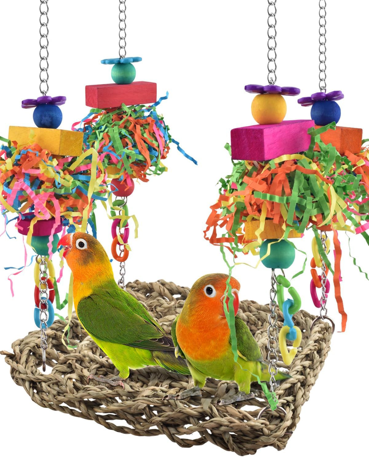 Conure Toys, Bird Grass Swing Mat Parrot Climbing Hammock with Colorful Toys for Parakeet, Cockatiel, Sun Conure, Lovebird, Budgie, Small Birds