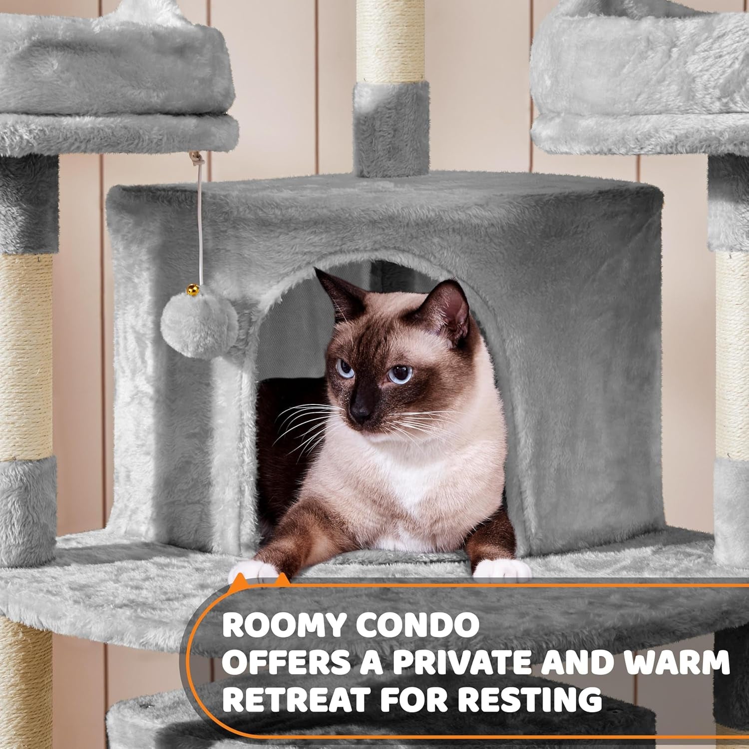 | 68.5In Cat Tree | for Large Cats | Multi-Level Cat Tower with 3 Wide Perches, Large Condo | Stable Pet Play House W/Sisal-Covered Scratching Posts & Board | Light Gray