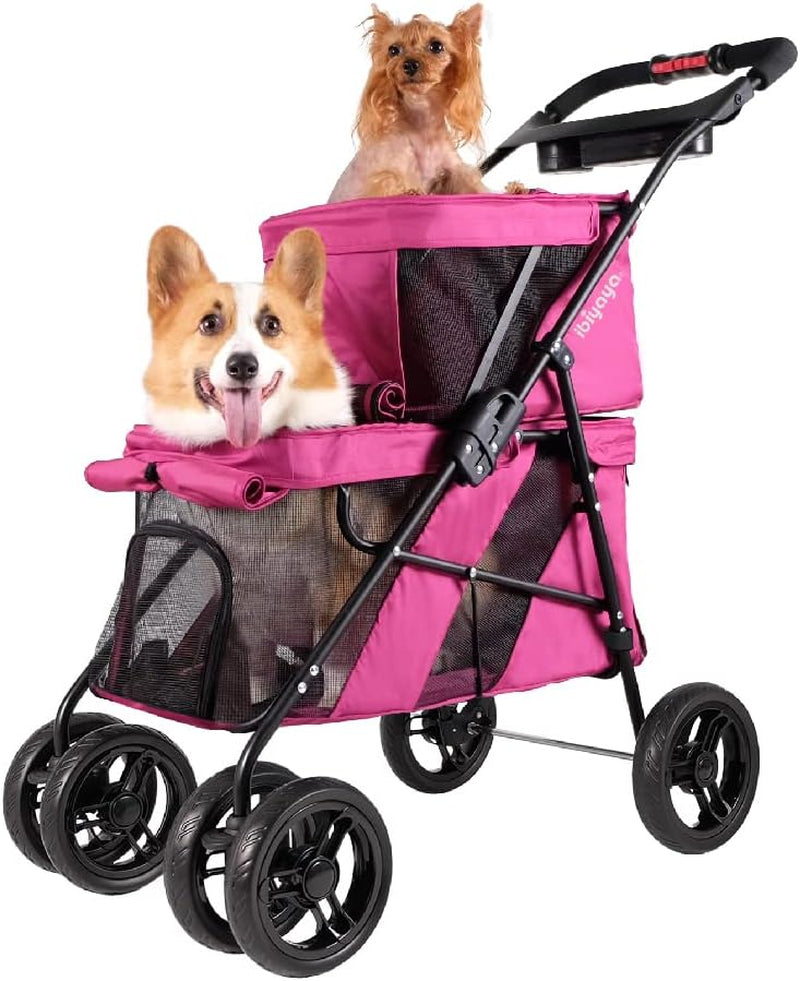 '- Double Dog Stroller for Small Dogs and Medium Dogs and Cats - Double Pet Stroller, Lightweight and Foldable with Mesh Windows, Extra Space for Second Pet or Storage - Pink