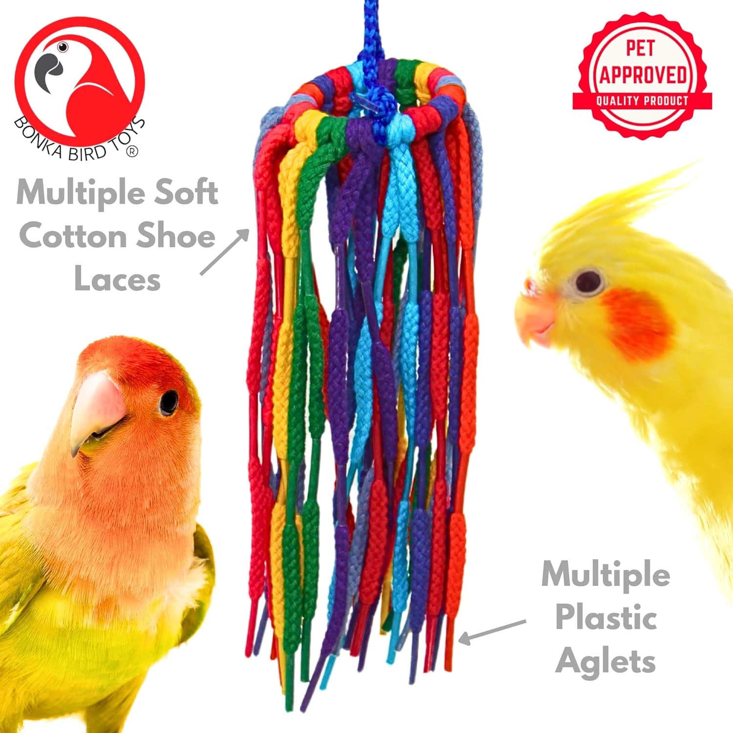 51214 Small Aglet Heaven Cotton Shoelace Toy with Plastic Aglets and 2" Ring for Parakeets Cockatiels Quakers Pionus Small Bird Enrichment
