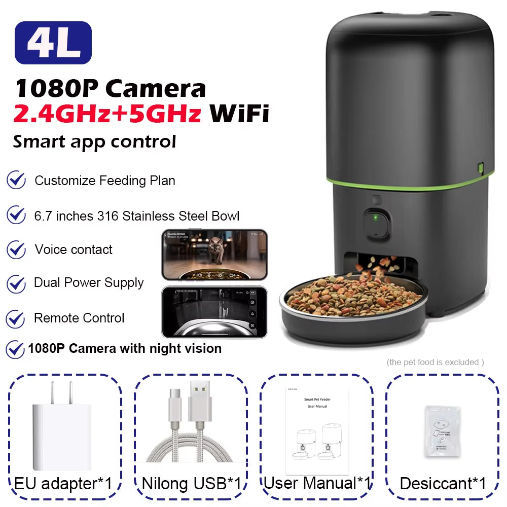 Smart Pet Feeder with 1080P Camera — 4L WiFi App Feeder for Dogs & Cats