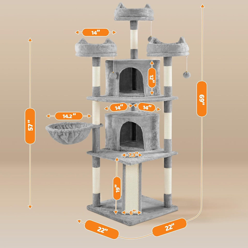 | 68.5In Cat Tree | for Large Cats | Multi-Level Cat Tower with 3 Wide Perches, Large Condo | Stable Pet Play House W/Sisal-Covered Scratching Posts & Board | Light Gray