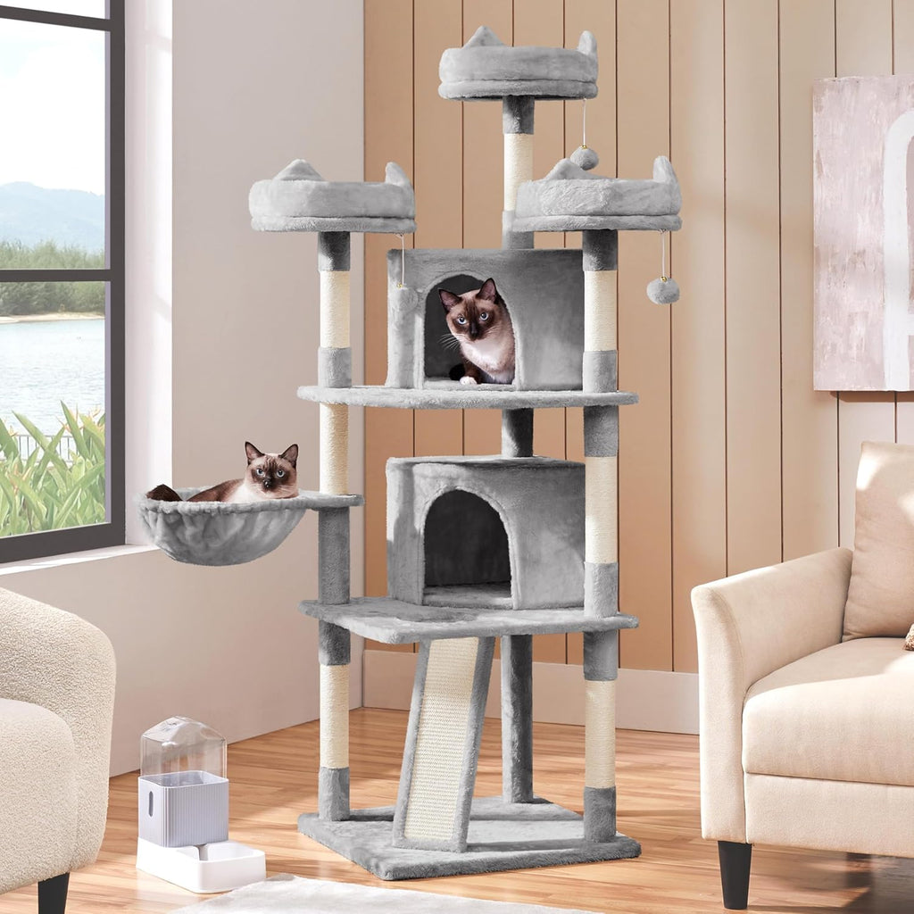 | 68.5In Cat Tree | for Large Cats | Multi-Level Cat Tower with 3 Wide Perches, Large Condo | Stable Pet Play House W/Sisal-Covered Scratching Posts & Board | Light Gray