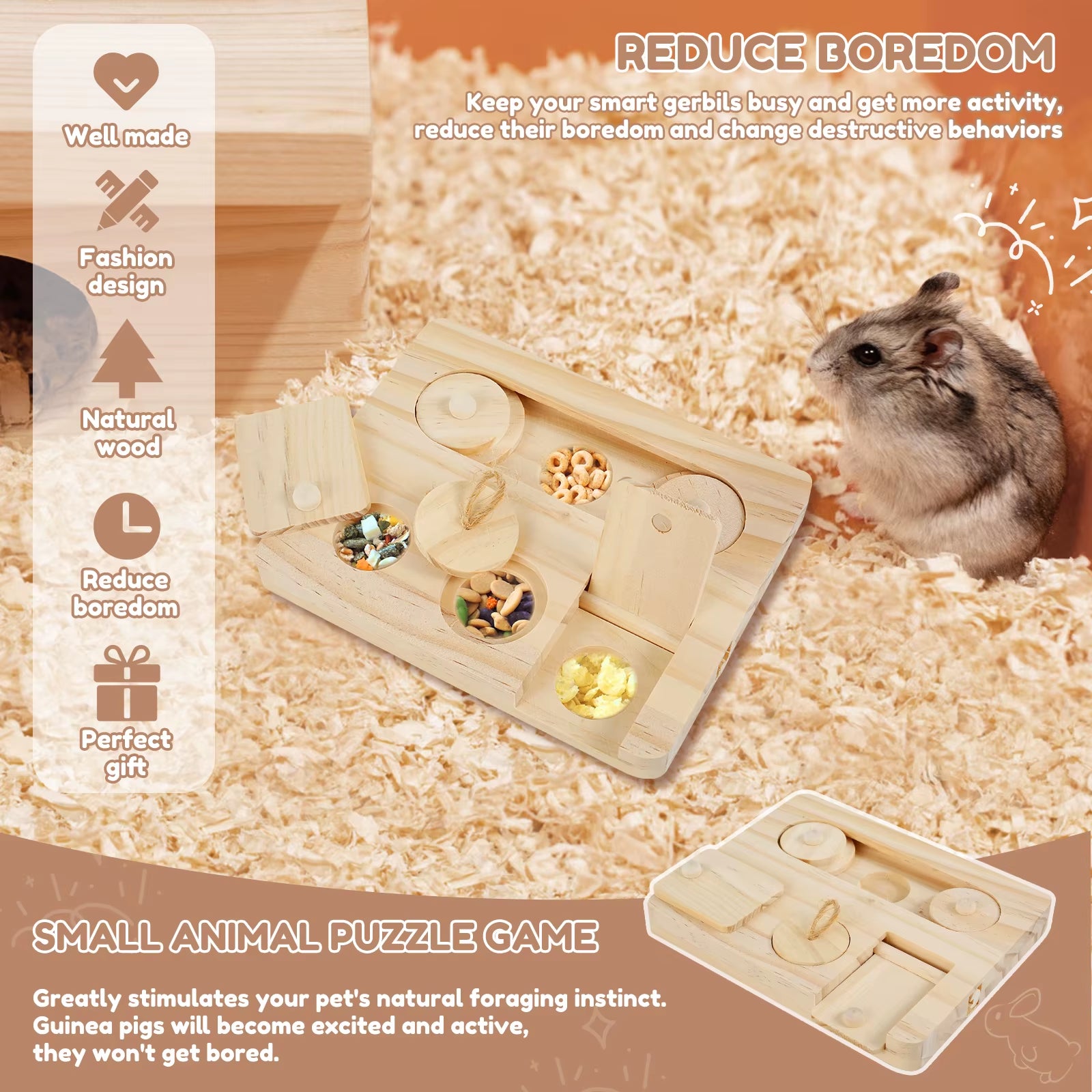 Wooden Guinea Pig Foraging Toy Treat Dispenser Toy with 6 Food Holes Interactive Hamsters Foraging Toy Pet Accessory for Rabbits